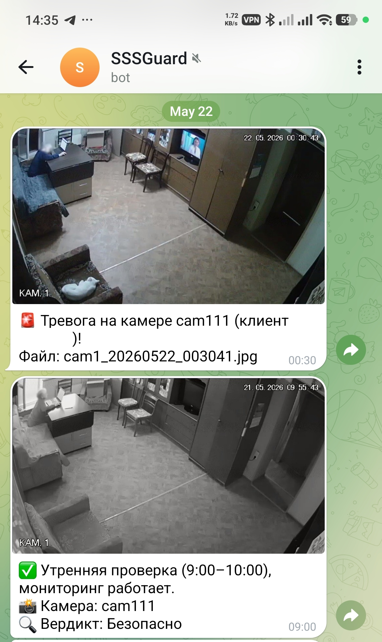 Пример сообщения мониторинга в Telegram: утренняя проверка и тревога на камере
